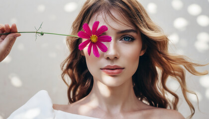 Naklejka premium Woman holds flower in front of face in a light setting with shadow patterns on her skin