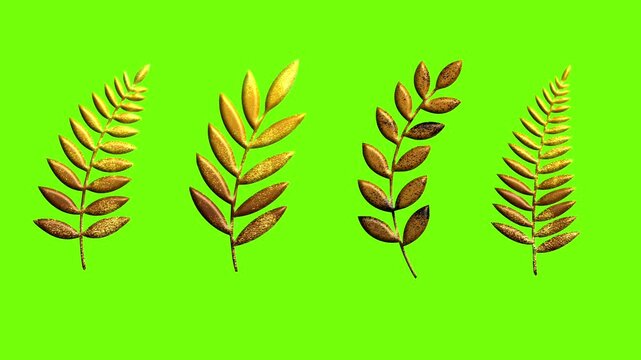 row of four golden fern leaves moving on green screen background animation