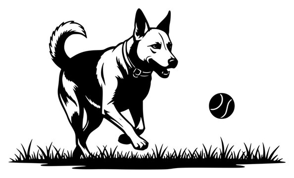 A black and white silhouette of a dog playing with a tennis ball, ball, black, chase, dog, grass, husky, illustration, neckband, play, run, white, against transparent background