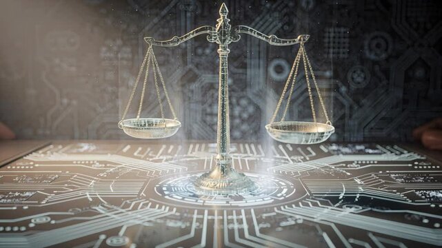 A balance scale rests on a circuit board, symbolizing technology law. The mood is serious, reflecting on digital ethics. Excellent for illustrating cybersecurity and responsibility