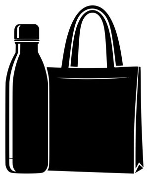 tte of a bottle and a shopping bag, bag, black, bottle, grocery bag, icon, illustration, jug, liquid, milk, package, paper bag, plastic, profile, shopping bag, tote bag, against transparent background