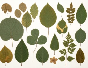 Collection of Various Green Leaves on a White Background Flat Lay