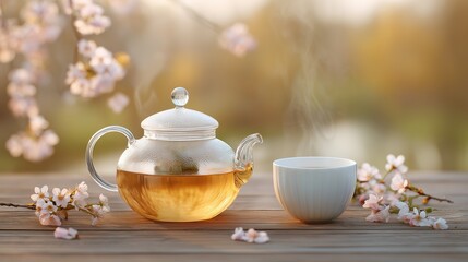 Fototapeta premium Transparent glass teapot filled with steaming tea beside a white cup on a wooden table, surrounded by cherry blossom branches in a serene outdoor setting