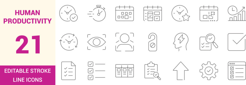 Human productivity icon set featuring time management, focus, efficiency, task planning, workflow optimization and performance growth concepts for UI, UX and web design.
