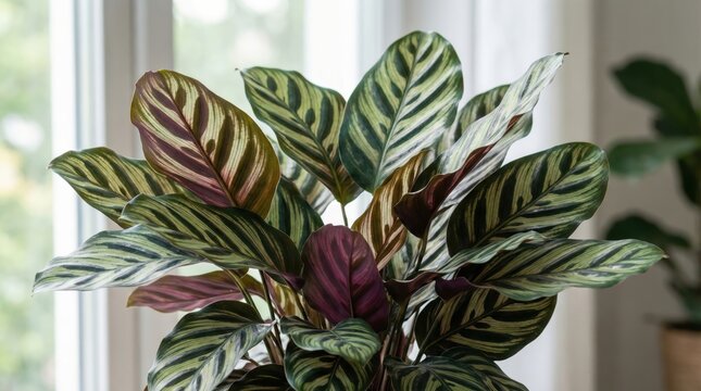 Vibrant calathea medallion plant with multicolored leaves by sunlit window indoors