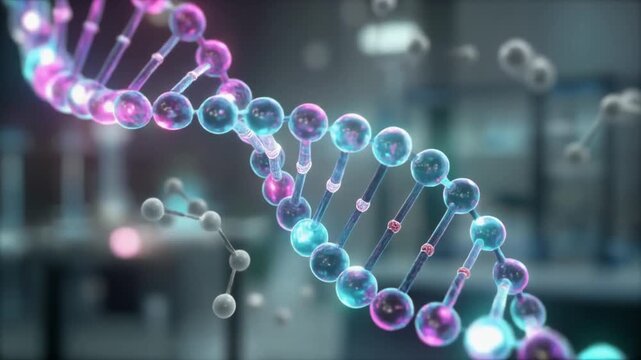 Stylized Glowing Purple and Blue DNA Helix Rotating in a High-Tech Laboratory for Genetic Engineering and Molecular Biology Visualization