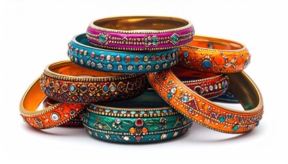 Colorful Stack of Vintage Indian Bangles with Intricate Designs.