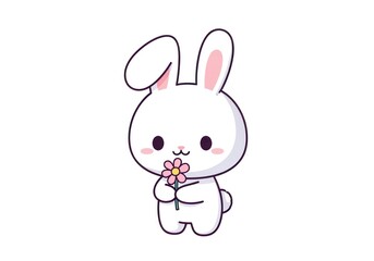 Obraz premium Cute cartoon bunny holding a flower on a white background design element