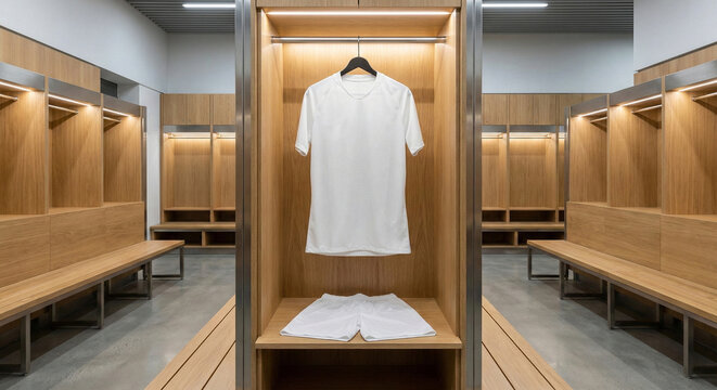 Blank white soccer jersey and shorts mockup hanging in a modern wooden locker room