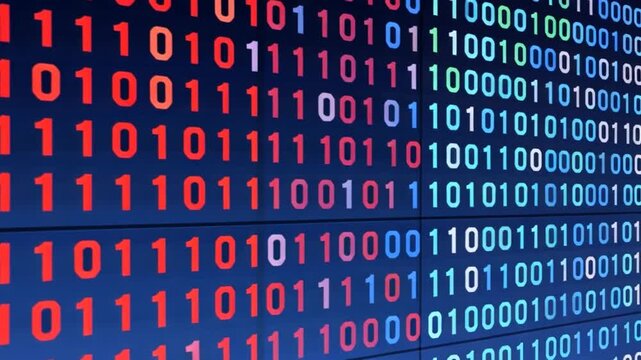Colorful binary code background with green, blue, red, and white numbers on dark blue and black