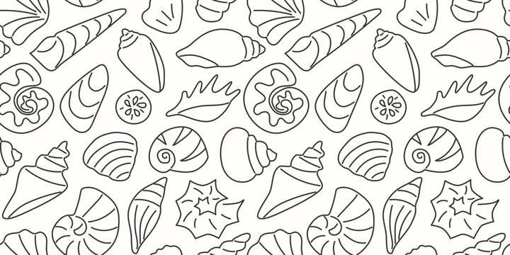 Decorative marine shell seamless pattern. Modern outline doodle style. Monochrome seashell vector background. Summer coastal texture. Ideal for coloring books, packaging, wallpaper, textile prints