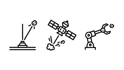 Fototapeta premium Stylized outline icons showing a satellite dish, a satellite in space, and a robotic arm, representing space exploration, communication, and automation concepts.