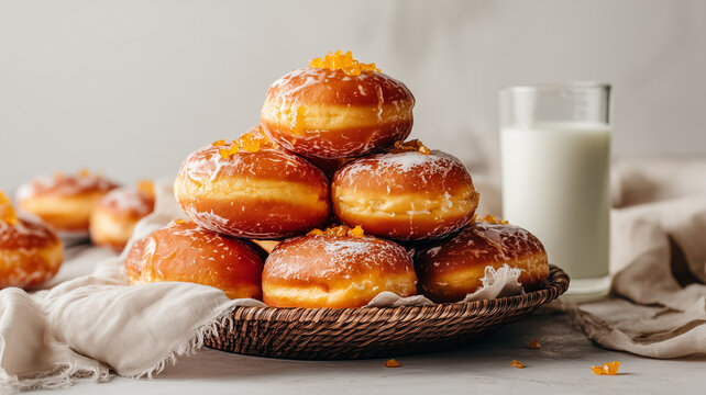 A stack of golden-brown glazed Pączki filled with jam and topped with candied orange zest. Served with a glass of milk in a rustic kitchen setting.
