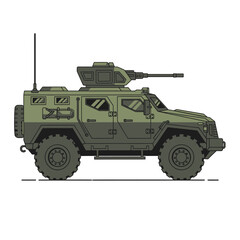 Fototapeta premium Green Armored Military Vehicle with Machine Gun Turret - Side View Illustration
