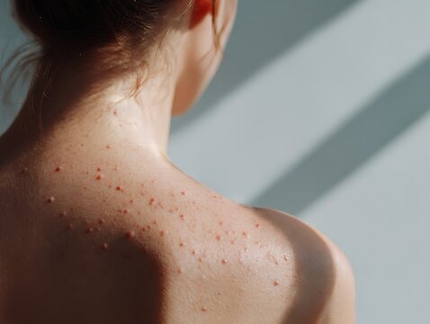 Close-up of a woman's back with red inflammatory acne and skin irritation. Symbolizing dermatological struggles, hormonal imbalance, and body confidence issues.