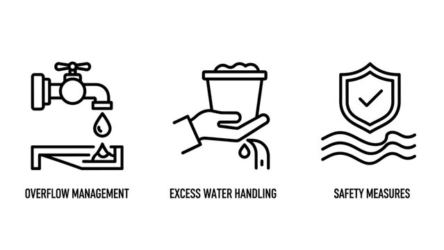Icons illustrating water management: overflow prevention from a faucet, excess water handling in a pot, and safety measures with a shield icon.