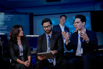 Naklejka na ściany i meble Tech startup founders celebrating successful venture capital funding round. Innovation team applauding digital transformation product launch victory.