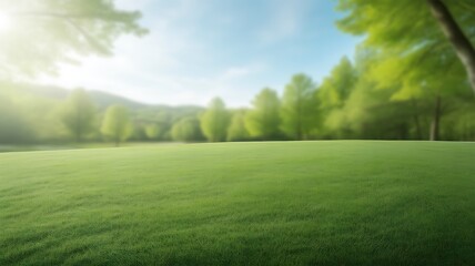 Obraz premium Beautiful green grass field with trees and blue sky on sunny day outside
