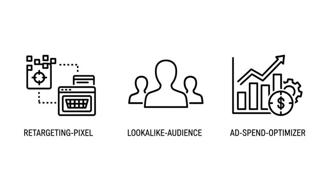 Digital marketing icons: retargeting pixel, lookalike audience illustration, and ad spend optimizer with graph and gear.