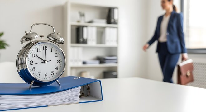 Time Management Deadline. Alarm clock on blue binder on white desk with blurred businesswoman walking in background, concept of punctuality, overtime and daily office schedule.