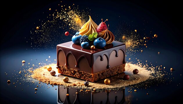 A luxurious dessert cake adorned with vibrant fruits and creamy frosting, exploding with colorful sprinkles and sugar decorations.