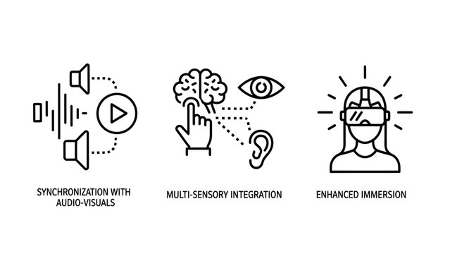 Icons representing synchronized audio-visuals, multi-sensory integration with brain and eye, and enhanced immersion using VR headsets.