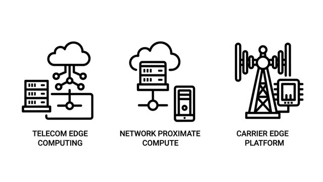 Telecom and network edge computing icons: edge server with cloud, network proximate compute with phone, and carrier edge platform tower.
