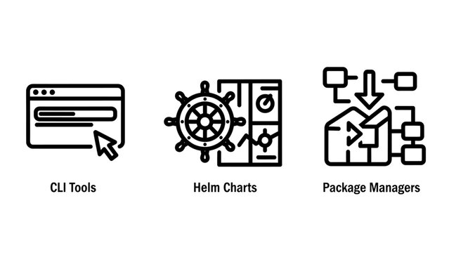 Collection of Three Black and White Technology Icons: CLI Tools, Helm Charts, and Package Managers