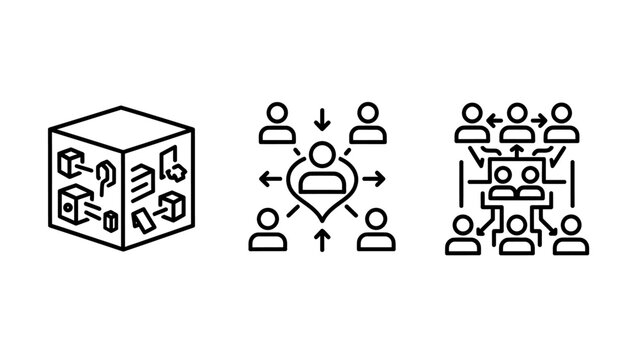 Icons representing complex systems, centralized leadership, and distributed team collaboration for project management and organization.
