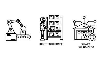 Naklejka premium Smart Factory Icons: Robotic Arm Conveyor, Robot Stacking Boxes, Smart Warehouse Network - Automation and Logistics