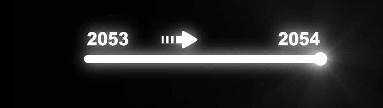 Clean white digital slider interface illustrating the transition from year 2053 to 2054 with a bright white progress bar and arrow on a black background representing forward movement and temporal