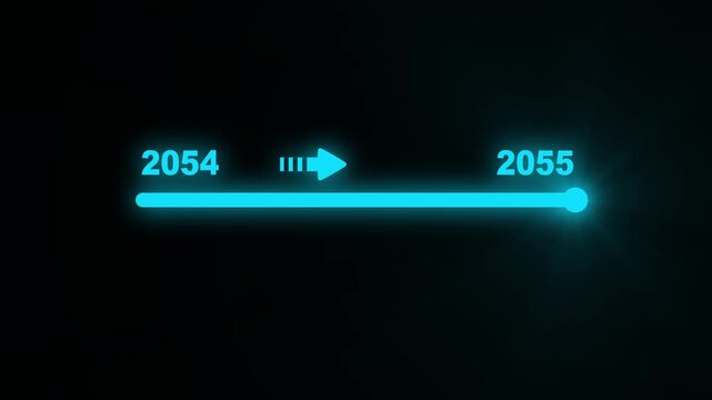 Sleek cyan digital slider interface indicating the transition from year 2054 to 2055 with a glowing cyan progress bar and arrow on a black background symbolizing future progression and temporal