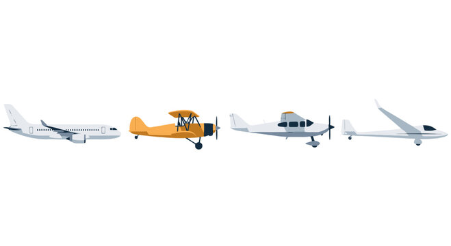 Diverse Aircraft Collection Modern Jet Vintage Biplane Small Propeller Plane and Sleek Glider.