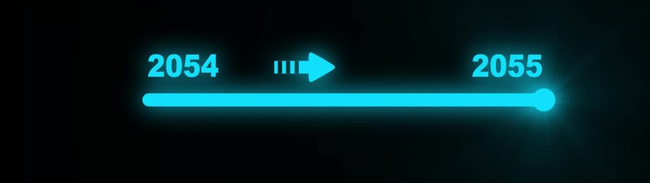 Digital progress indicator with glowing cyan numbers 2054 and 2055 on a dark background, showing a slider moving forward on a horizontal bar