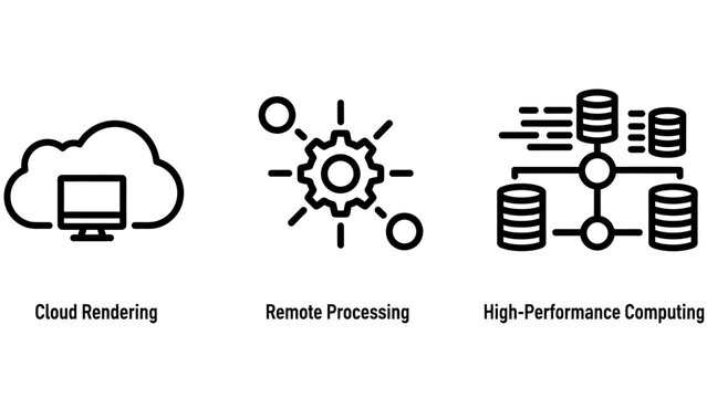 Tech Icons: Cloud Rendering, Remote Processing, High-Performance Computing - Vector Graphics for Digital Transformation and IT