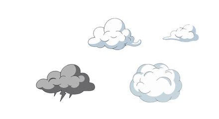 Obraz premium Diverse cartoon clouds vector set happy white fluffy simple and dark storm cloud with lightning.