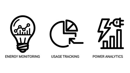 Energy Monitoring, Pie Chart Usage Tracking, and Power Analytics Icons
