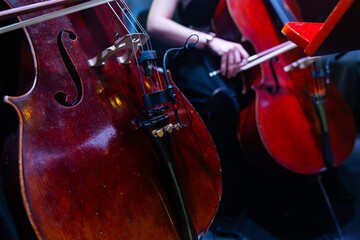 Close-up of Cellos Performance with Professional Microphone During Symphony Concert © Ruslan