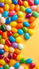 Colorful Jelly Beans Scattered on a Vibrant Yellow Background Vertical