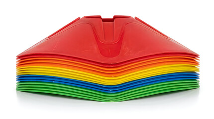 Stacked colorful plastic traffic cones for sports training and organization