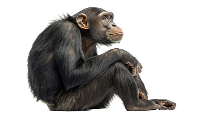 Fototapeta premium Chimpanzee sitting thoughtfully, looking away with a pensive expression, isolated