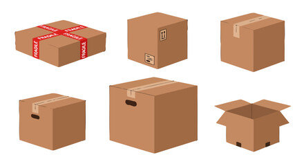 Isometric brown cardboard shipping boxes set various sizes sealed open with fragile tape and handling symbols.