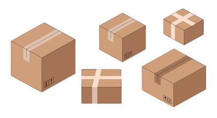 Fototapeta premium Isometric brown cardboard shipping boxes with clear tape and fragile symbols various angles.