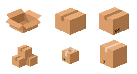 Fototapeta premium Isometric cardboard boxes set with open closed and stacked brown delivery packages.