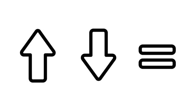 Simple Up Arrow, Down Arrow, and Equals Sign Icons for Direction, Comparison, or Status Indication in UI Design.