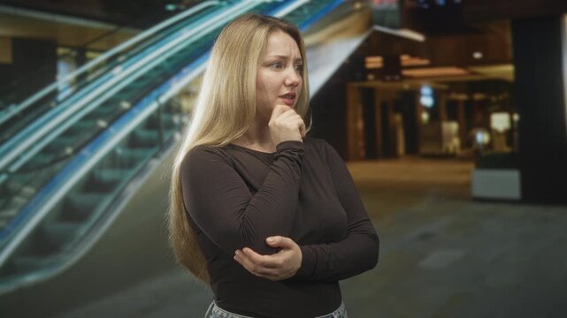 Woman touching chin with hand, holding elbow with other arm, standing by escalator and mall shops inside a modern building; uncertainty decision.
