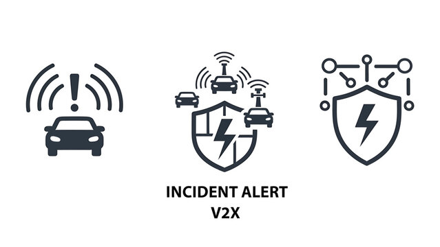 Incident Alert, V2X Communication, and Automotive Cybersecurity Icons Representing Vehicle Safety and Smart Technology