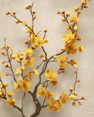  3d yellow apricot blossom branch on with background