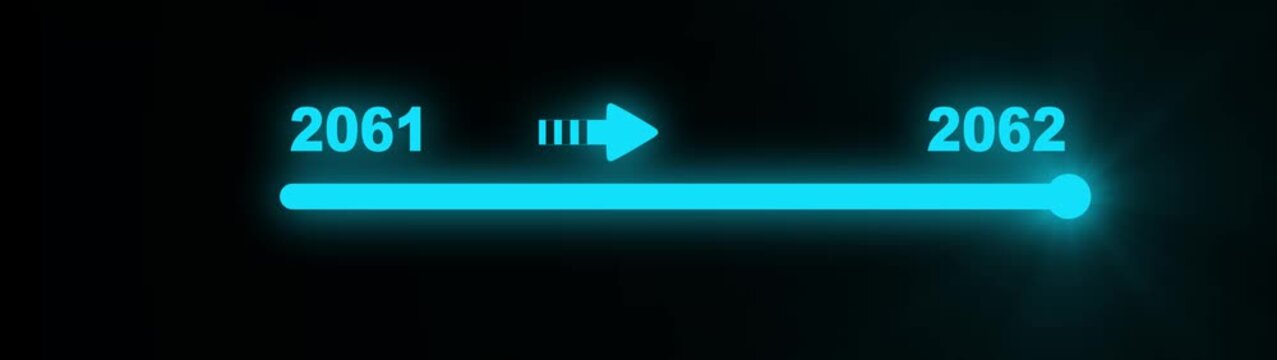 Bright cyan digital progress bar with years 2061 and 2062 and a directional arrow representing future advancement and temporal transition on a dark screen