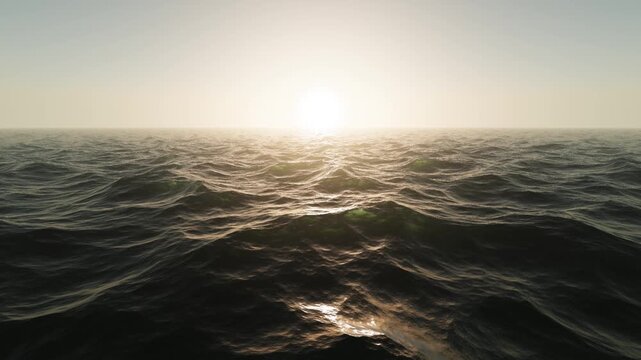 Cinematic dark ocean waves rolling under bright sunset with sun reflection on water surface